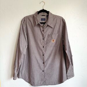 Liz Claiborne Gray White Striped Button Down Shirt Embroidered Crest Logo Large